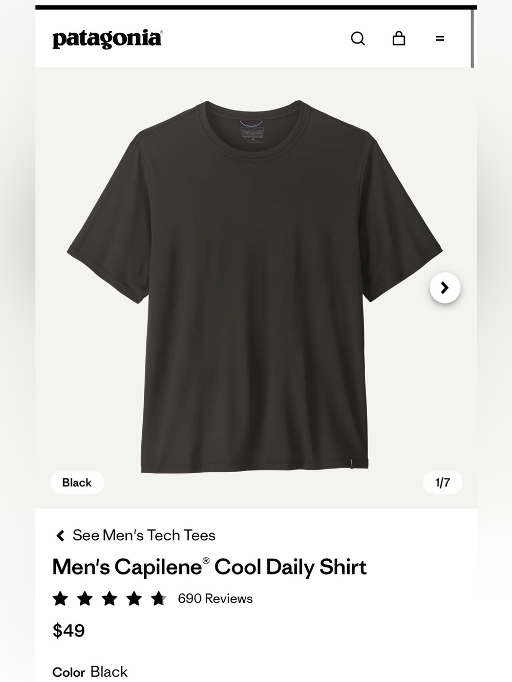 NWT! Patagonia Men's Capilene® Cool Daily Shirt Large in Black